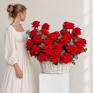 45 красных французских роз «Нина» в корзине